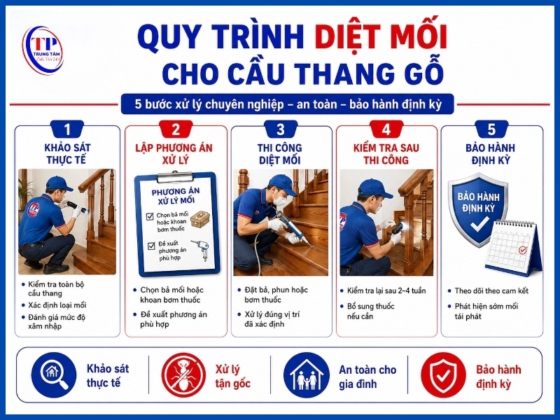 Quy trình 5 bước diệt mối cho cầu thang gỗ