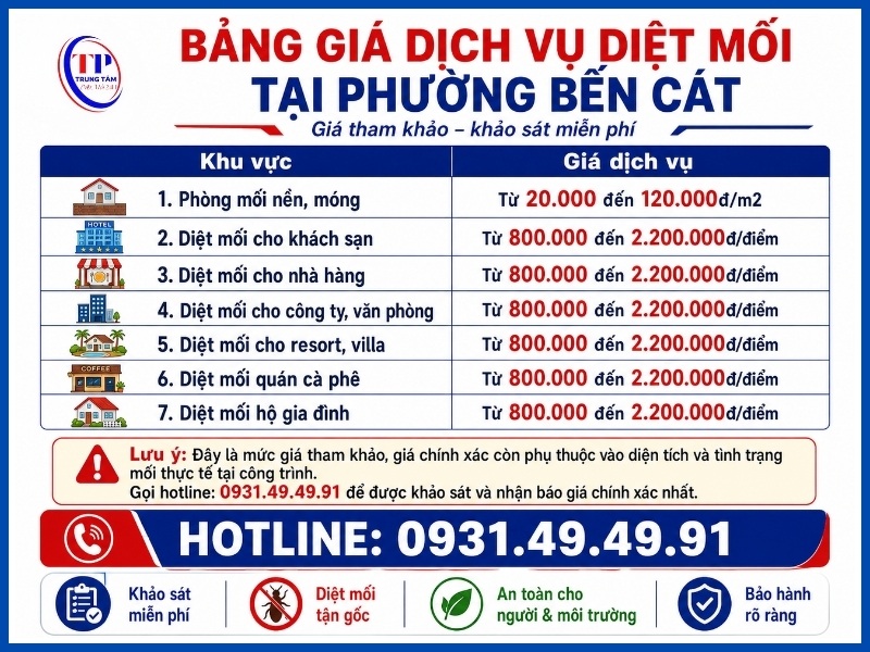 Bảng giá dịch vụ diệt mối tại Phường Bến Cát mới nhất