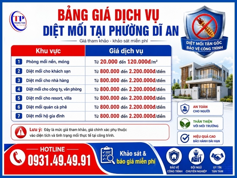 Bảng giá dịch vụ diệt mối tại Phường Dĩ An mới nhất