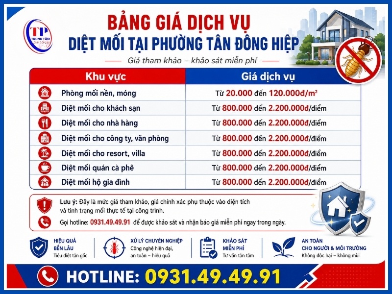 Bảng giá dịch vụ diệt mối tại Phường Tân Đông Hiệp mới nhất 