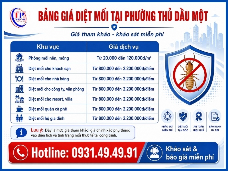 Bảng giá diệt mối tại Phường Thủ Dầu Một mới nhất