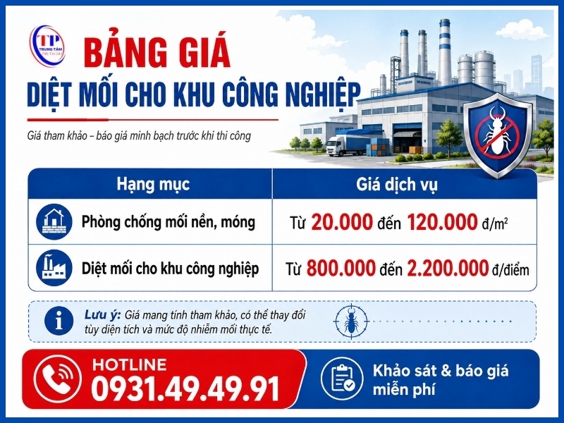 Bảng giá diệt mối cho khu công nghiệp mới nhất