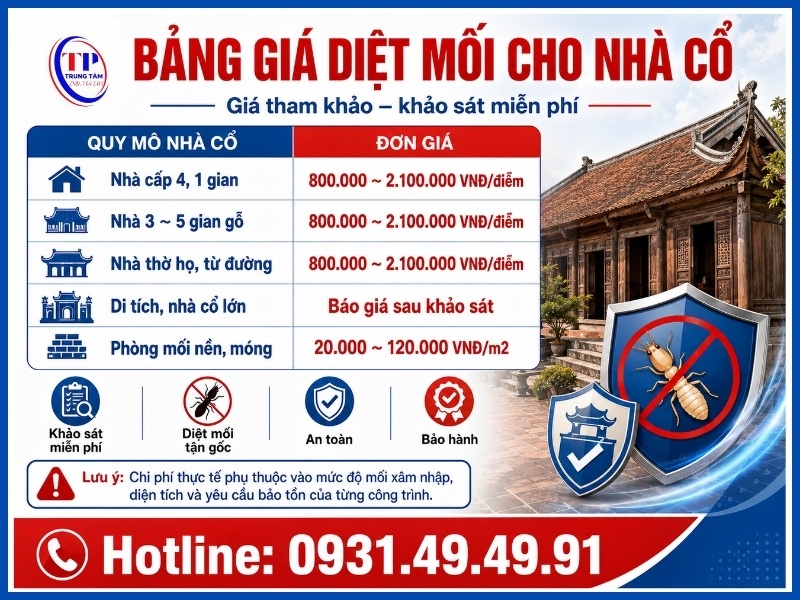 Bảng giá diệt mối cho nhà cổ