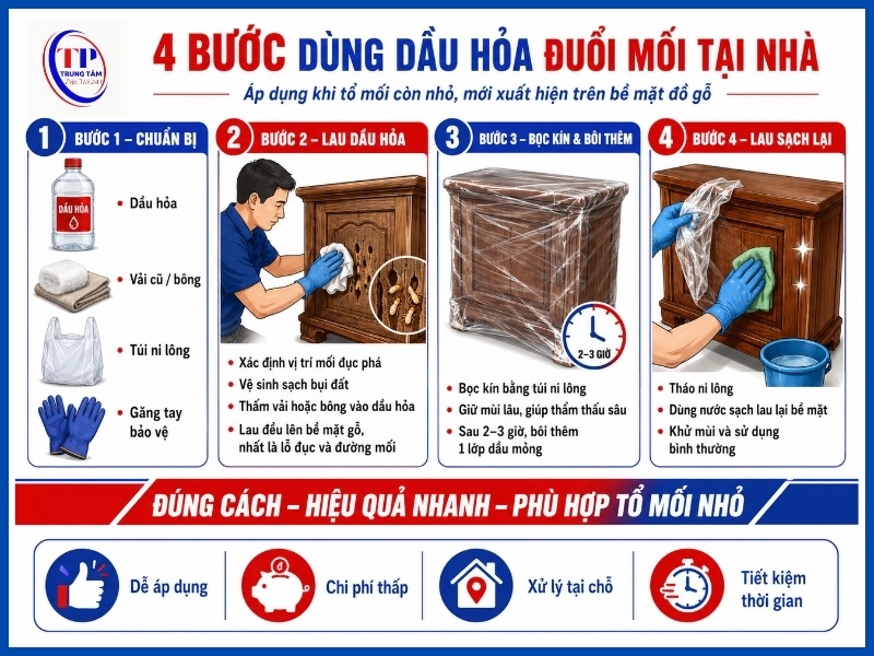 4 bước dùng dầu hỏa đuổi mối tại nhà