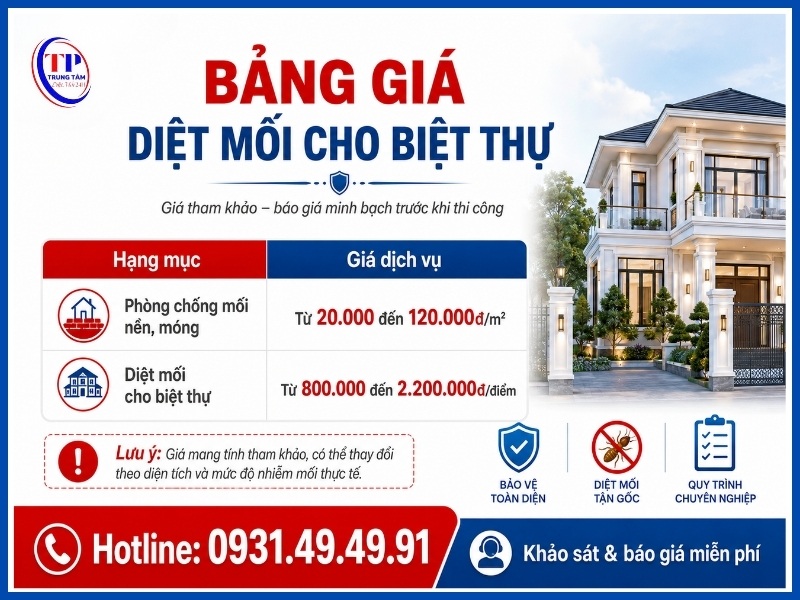 Bảng giá diệt mối cho biệt thự mới nhất