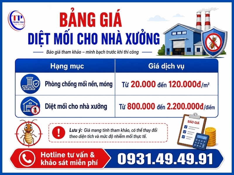 Bảng giá diệt mối cho nhà xưởng